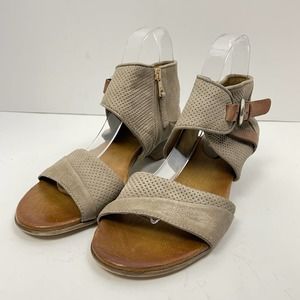 Miz Mooz Cheerful Taupe Gray Leather Buckle Side Zip Open Toe Block Heel Sandals